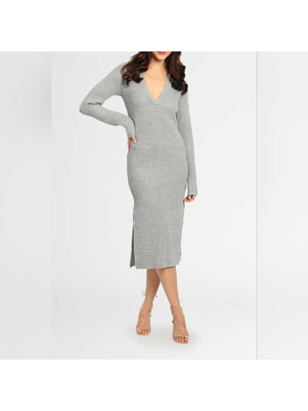 Staple The Label Ribbed Knit Gray Polo Sweater Dress Long V-Neck Size XL Office